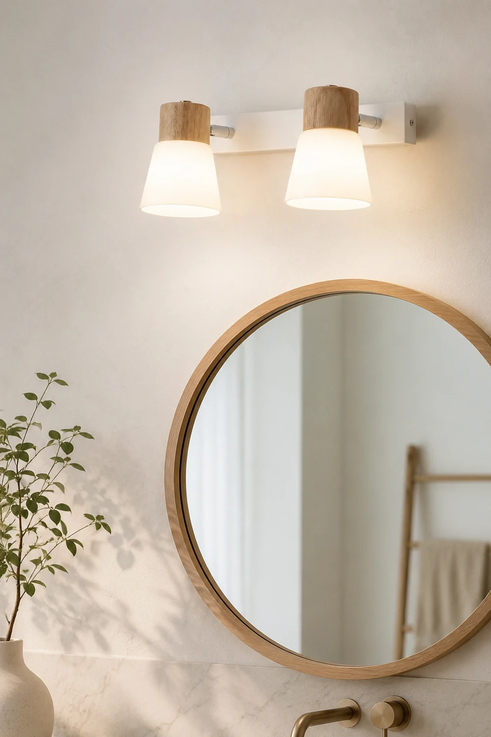 Ozawa Wall Lamp Nordic Vanity Mirror Front, Wood/Glass, White, Basement - Lumpaz