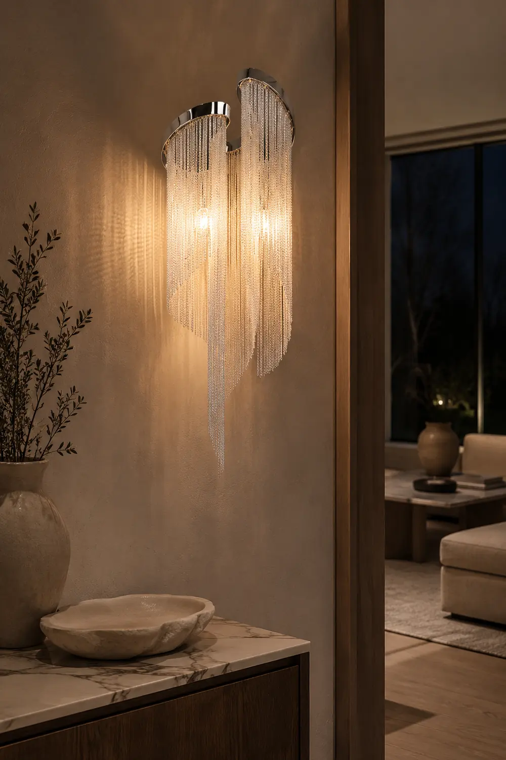 Colon Wall Lamp Modern/Art Deco, Tassel Chain, Silver, Bedroom - Lumpaz