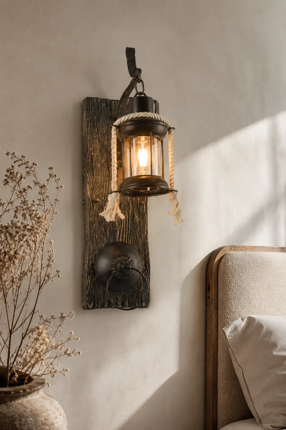 Alessio Wall Lamp Retro Lantern Ring Black Wooden, Bedroom - Lumpaz