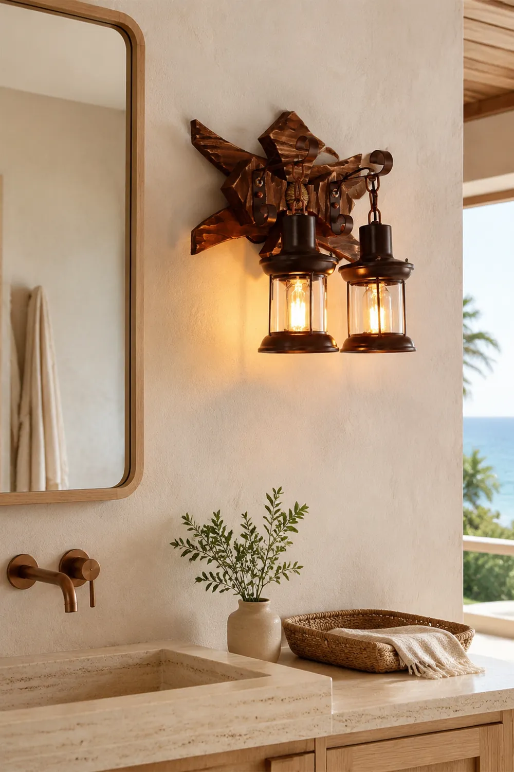 Austin Wall Lamp Decorative Vintage Lantern Double Light Wooden, Bedroom - Lumpaz