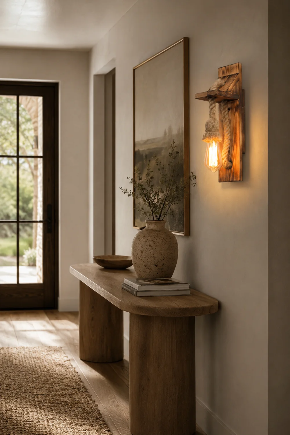 Austin Vintage Rectangular LED Wall Light, Wood/Hemp Rope, Dining Room - Lumpaz