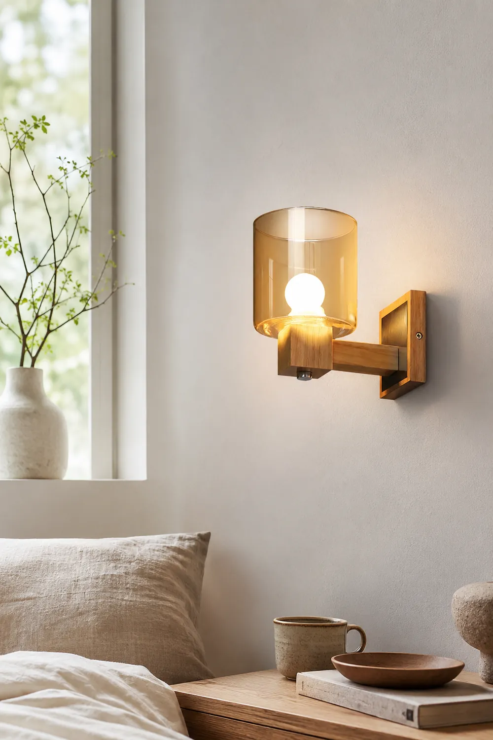 Eryn Vintage Cylindrical Mini Wall Lamp, Wood/Glass - Lumpaz