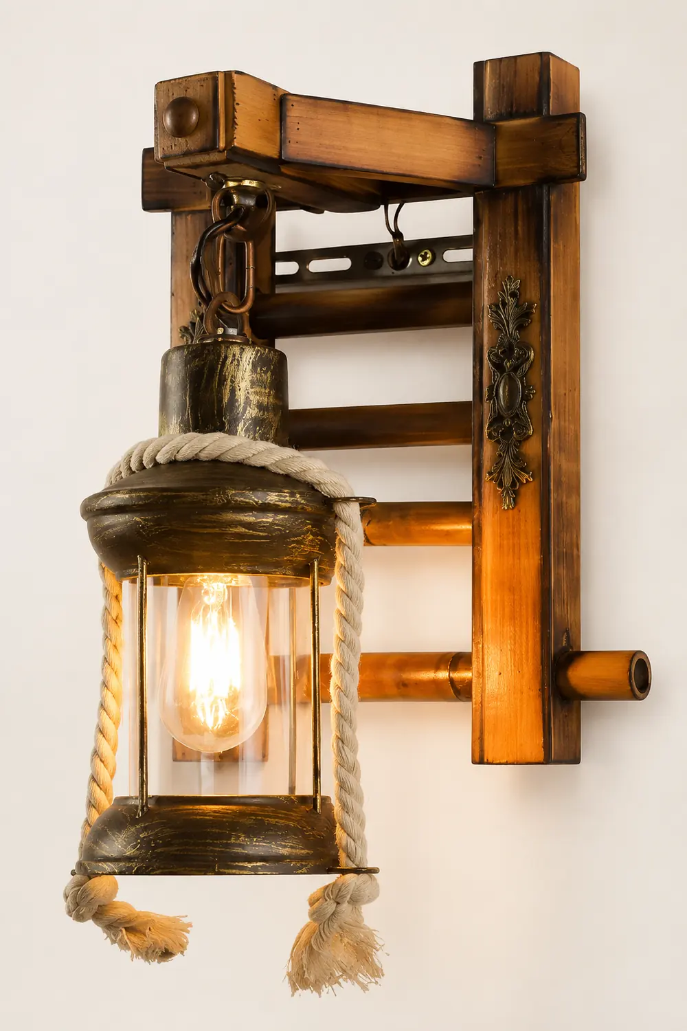 Austin Vintage Lantern Shape Wood Metal Wall Lamp - Lumpaz