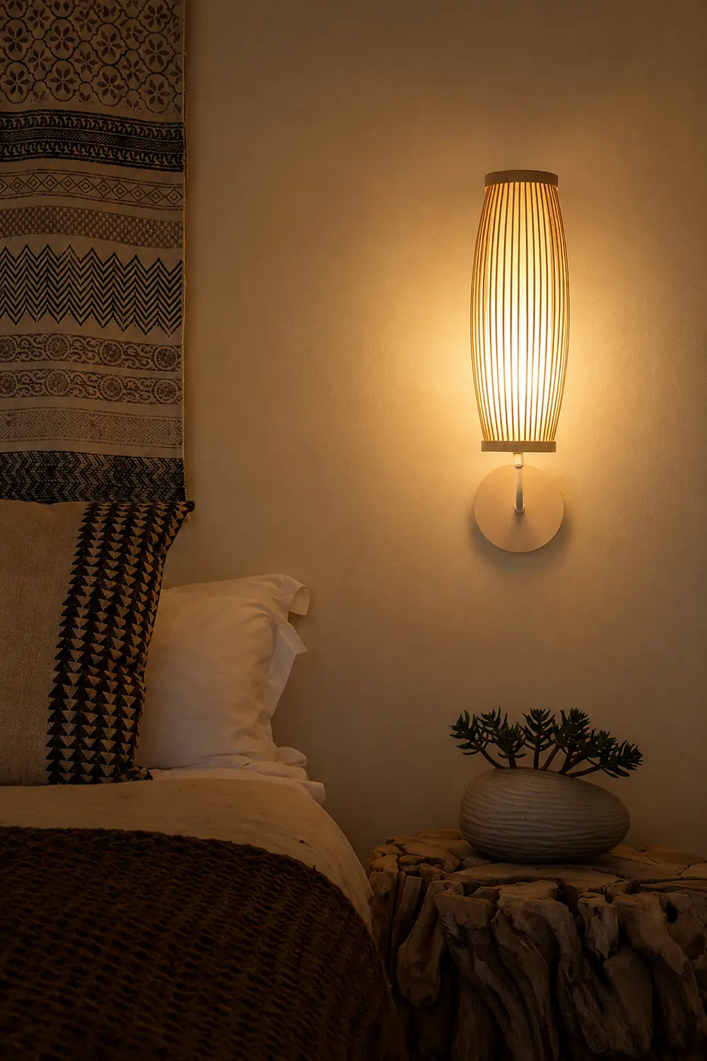 Muto Japanese Cylindrical Rattan Wall Lamp Bamaoo Bedroom - Lumpaz