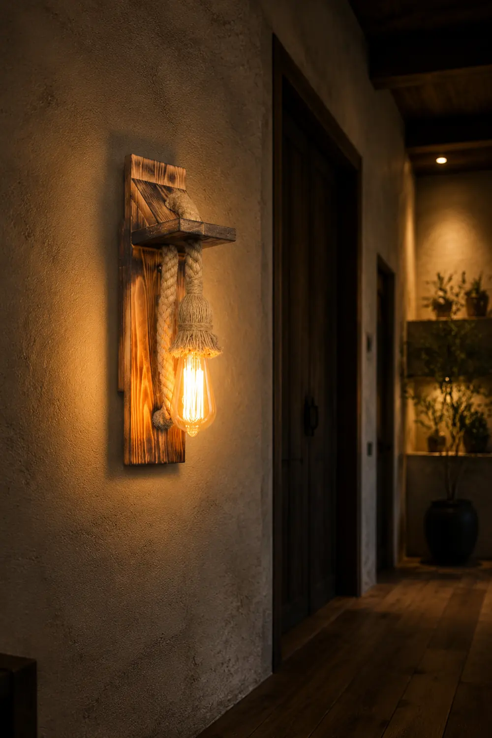 Austin Vintage Rectangular LED Wall Light, Wood/Hemp Rope, Dining Room - Lumpaz