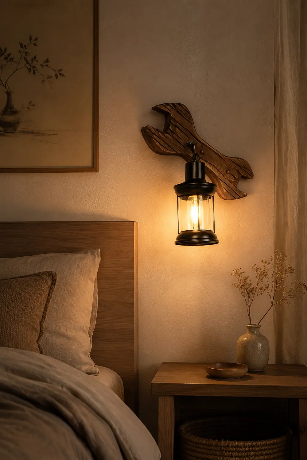 Austin Lantern & Spanners Wall Lamp, Wood/Metal, Bedroom - Lumpaz