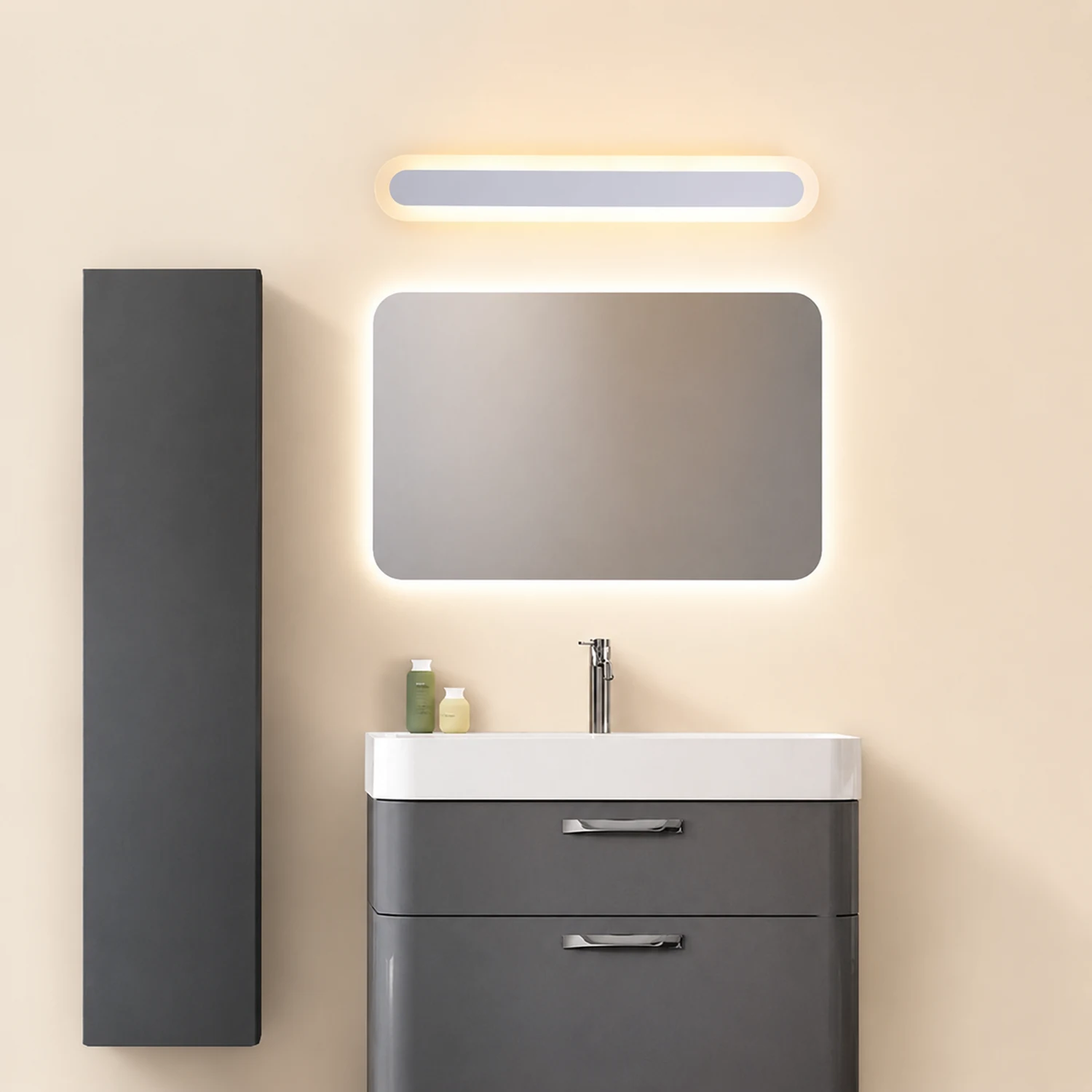 Edge Modern Linear Vanity Wall Lamp, White/Brown, Bathroom - Lumpaz