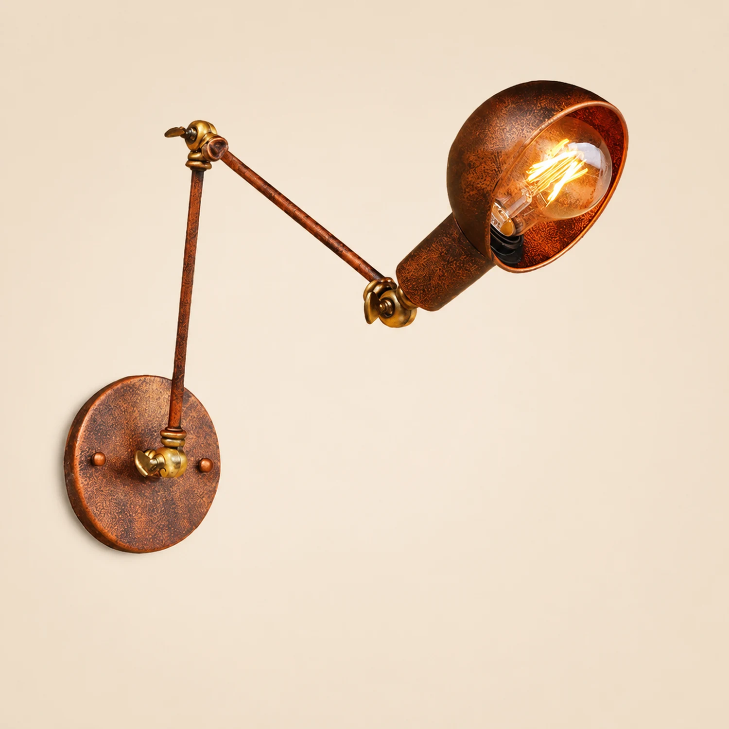 Brady Vintage Hemispheric Rust Adjustable Wall Lamp, Brass, Bedroom - Lumpaz