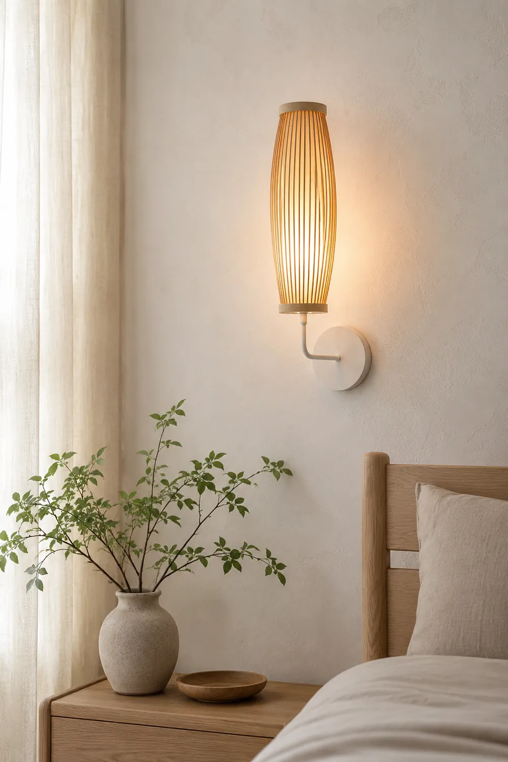 Muto Japanese Cylindrical Rattan Wall Lamp Bamaoo Bedroom - Lumpaz