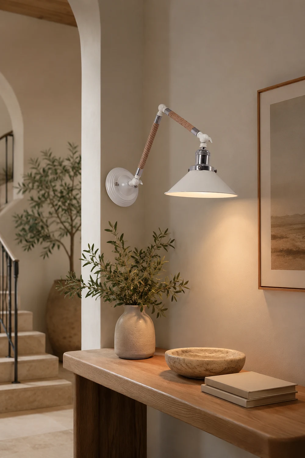 Carins Wall Lamp Hemp Modern, Rope/Metal Adjustable, White, Bedroom - Lumpaz