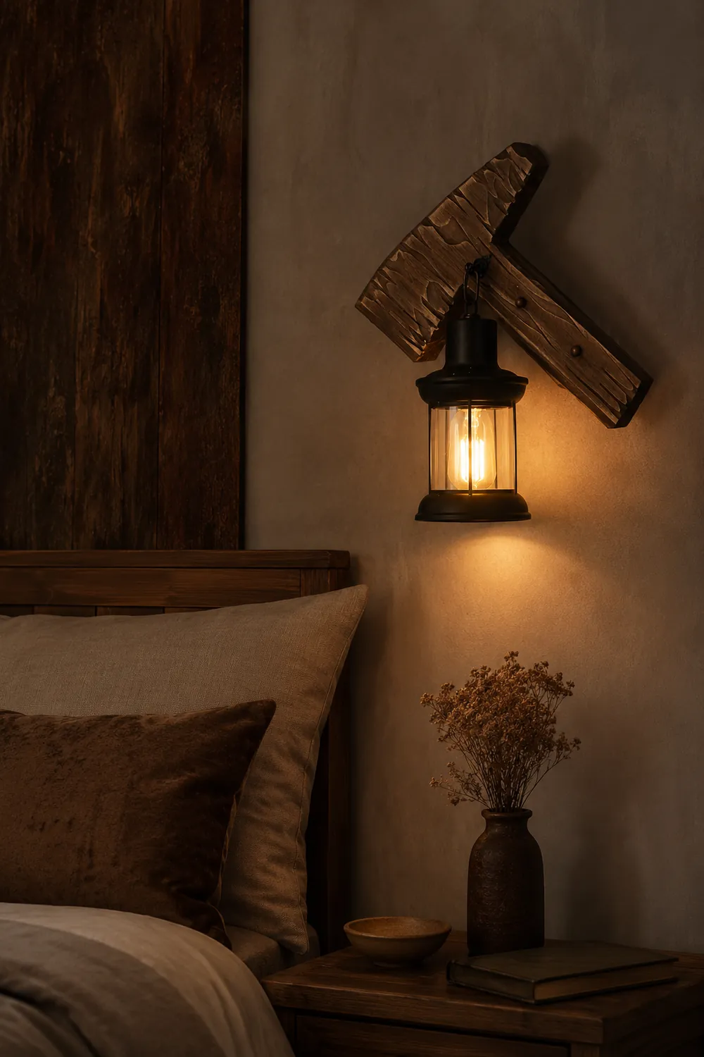 Austin Wall Lamp Hammer Shape Vintage, Wood/Metal, Bedroom - Lumpaz