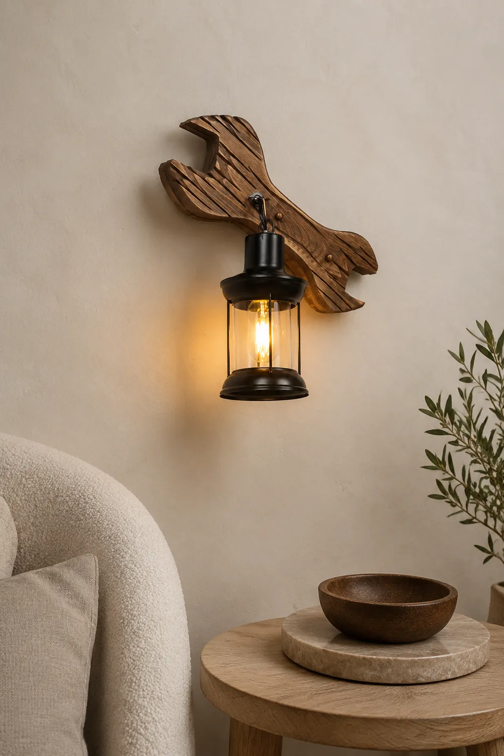 Austin Lantern & Spanners Wall Lamp, Wood/Metal, Bedroom - Lumpaz