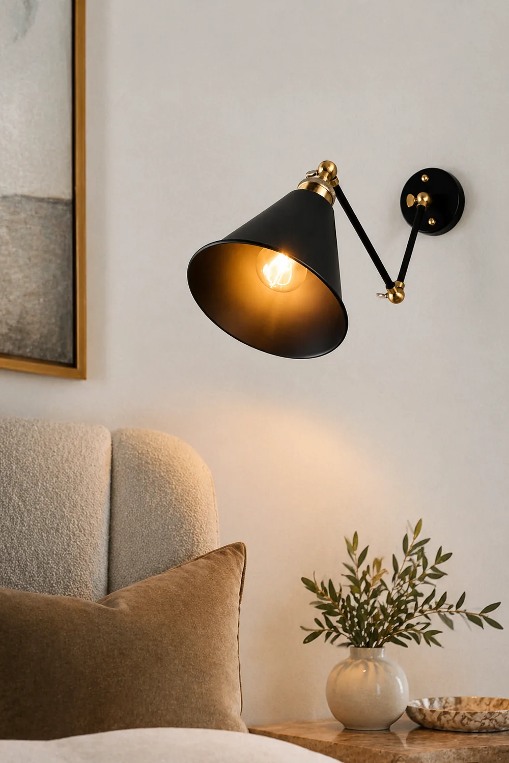 Alessio Wall Lamp Vintage Simple Conical Adjustable Black, Bedroom - Lumpaz