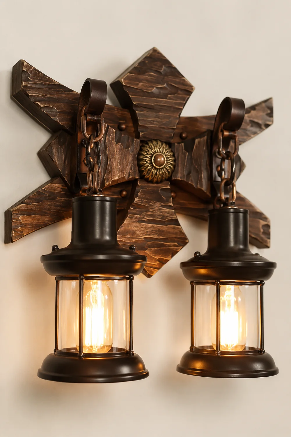 Austin Wall Lamp Decorative Vintage Lantern Double Light Wooden, Bedroom - Lumpaz