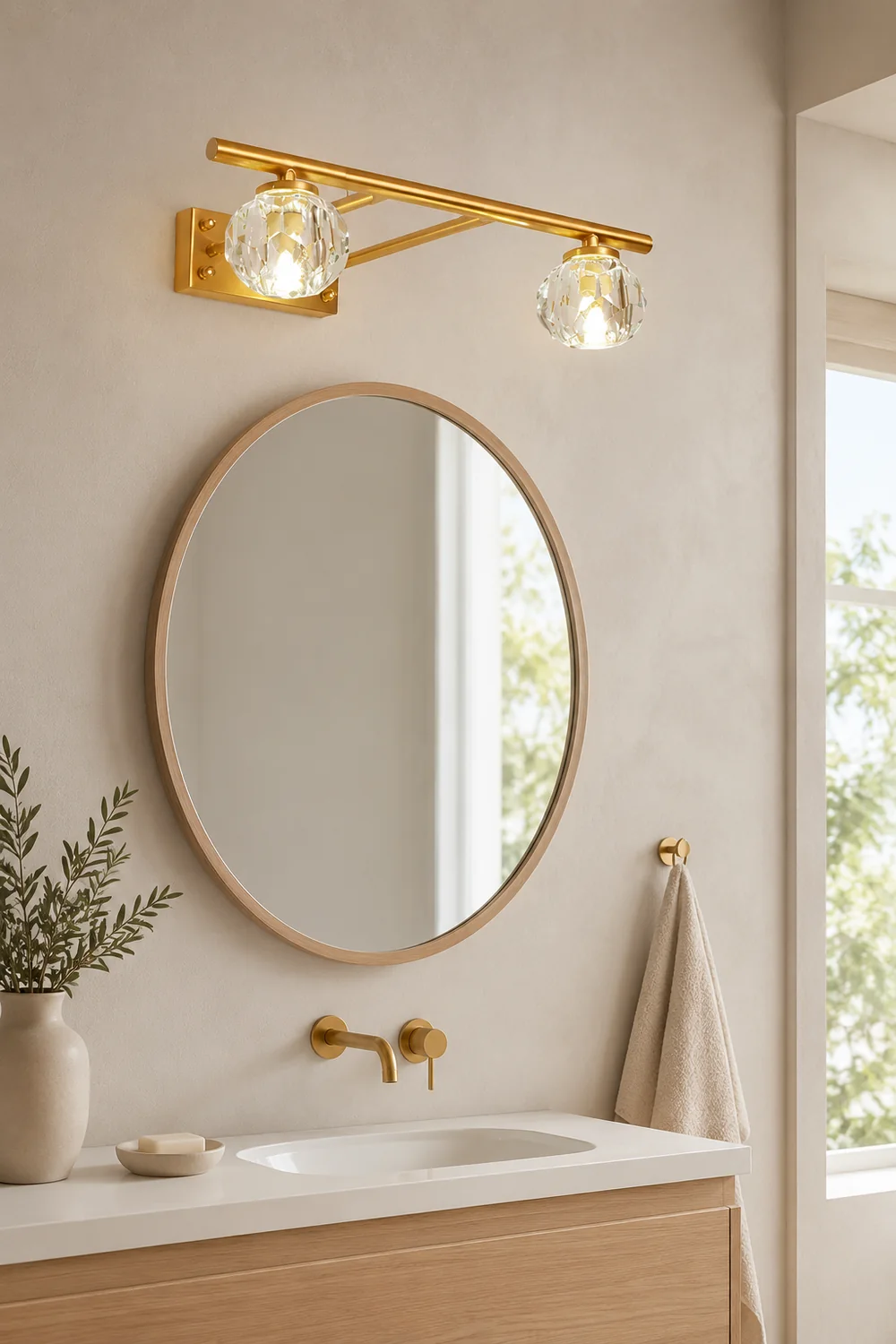 Kristy Wall Lamp Modern Mirror Front Vanity, Metal/Crystal, Gold, Bathroom - Lumpaz