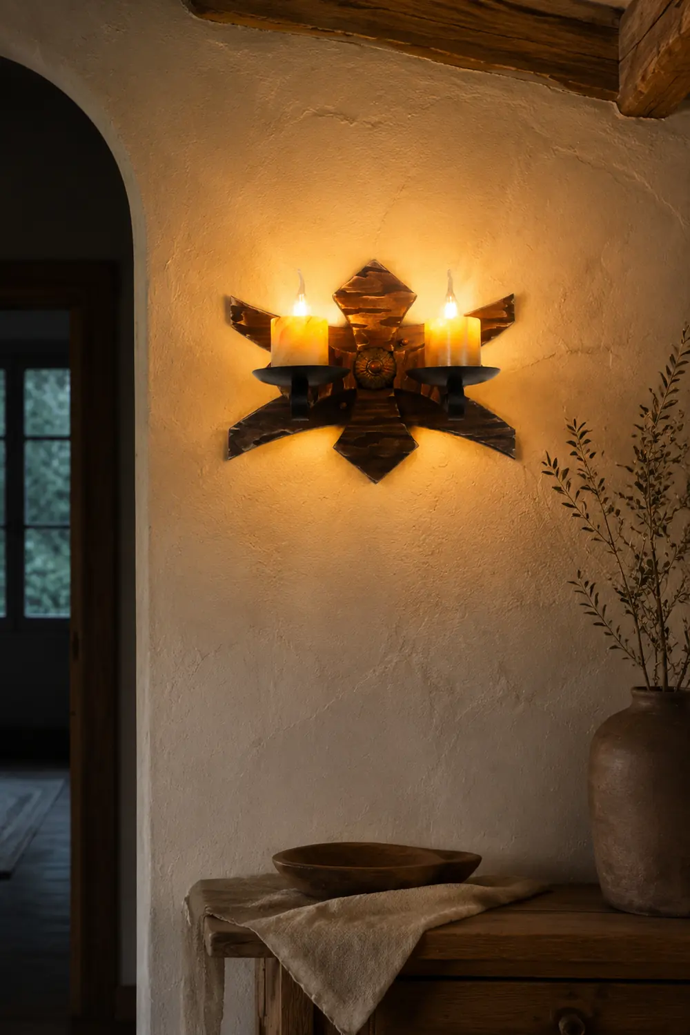 Austin Wall Lamp Decorative Vintage Candle Double Light Wooden, Bedroom - Lumpaz