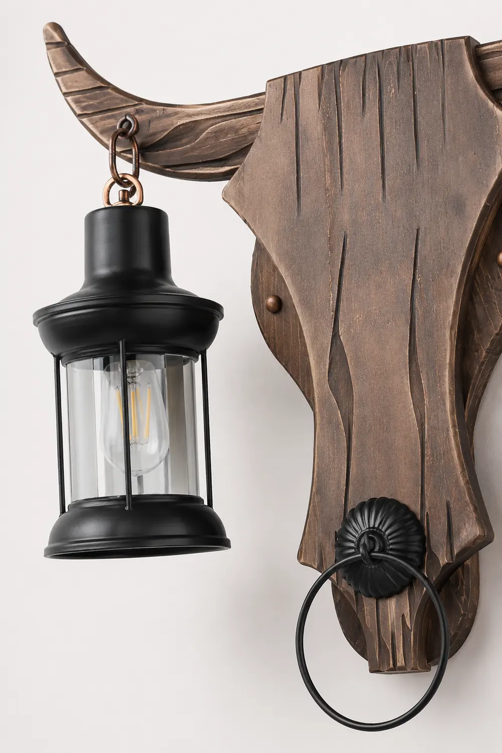 Austin Wall Lamp Bull Shape Vintage, 2 Heads Wood/Metal, Bedroom - Lumpaz
