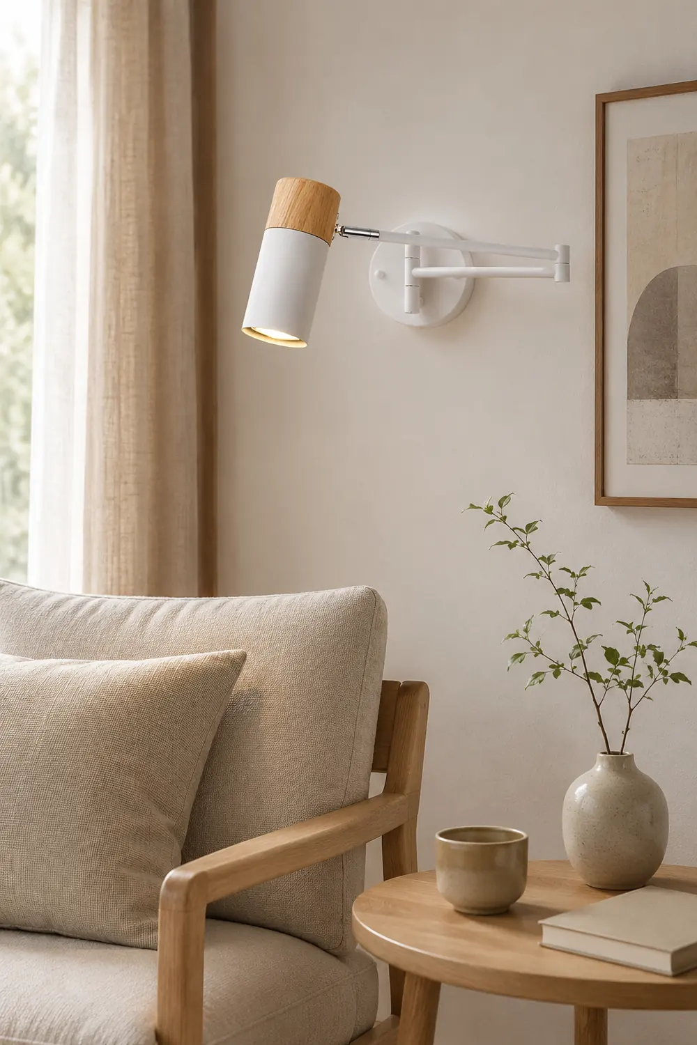 Ozawa Nordic Can Shaped Adjustable Wall Lamp, Metal/Wood, White - Lumpaz