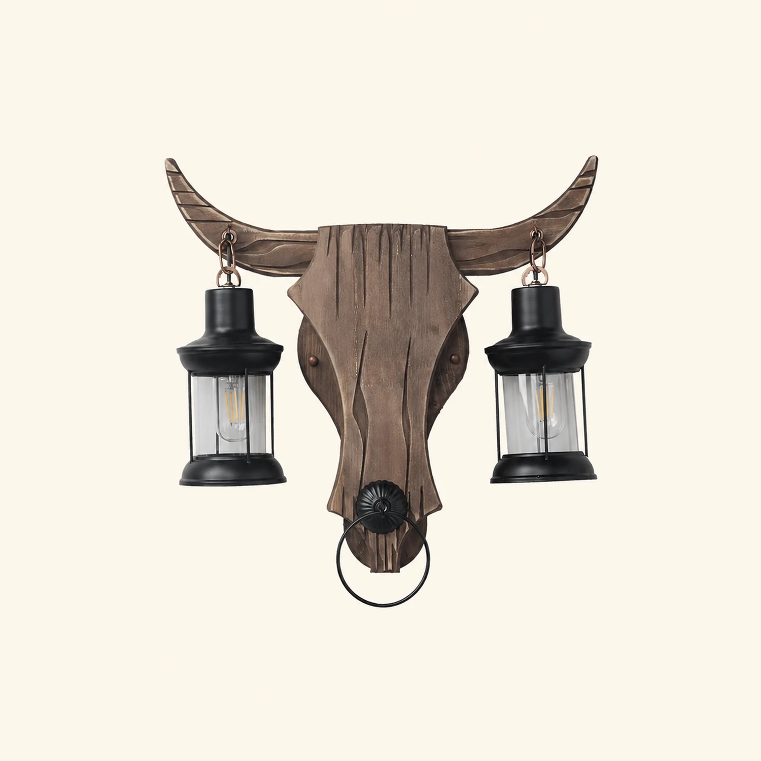 Austin Wall Lamp Bull Shape Vintage, 2 Heads Wood/Metal, Bedroom - Lumpaz