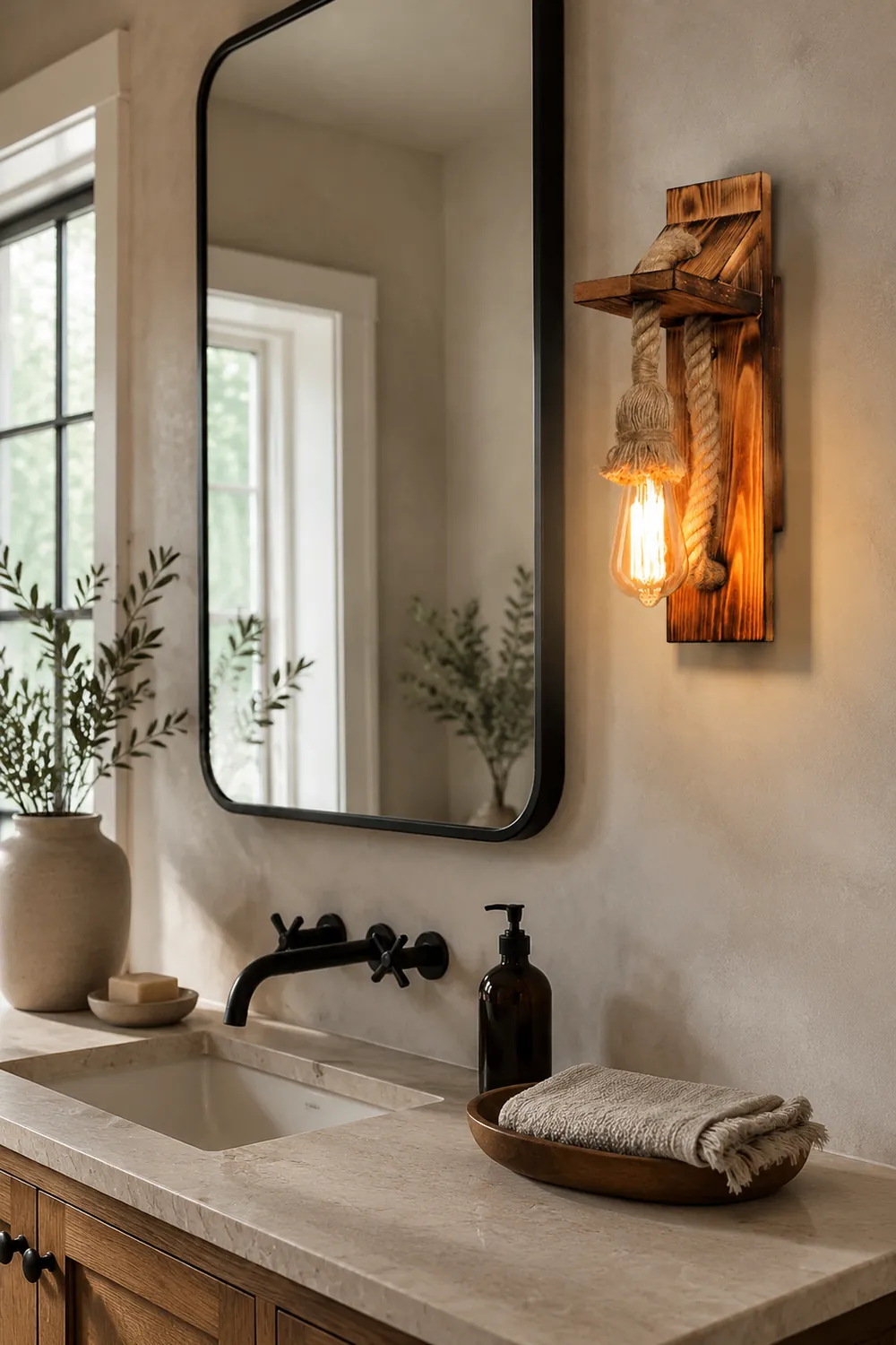 Austin Vintage Rectangular LED Wall Light, Wood/Hemp Rope, Dining Room - Lumpaz