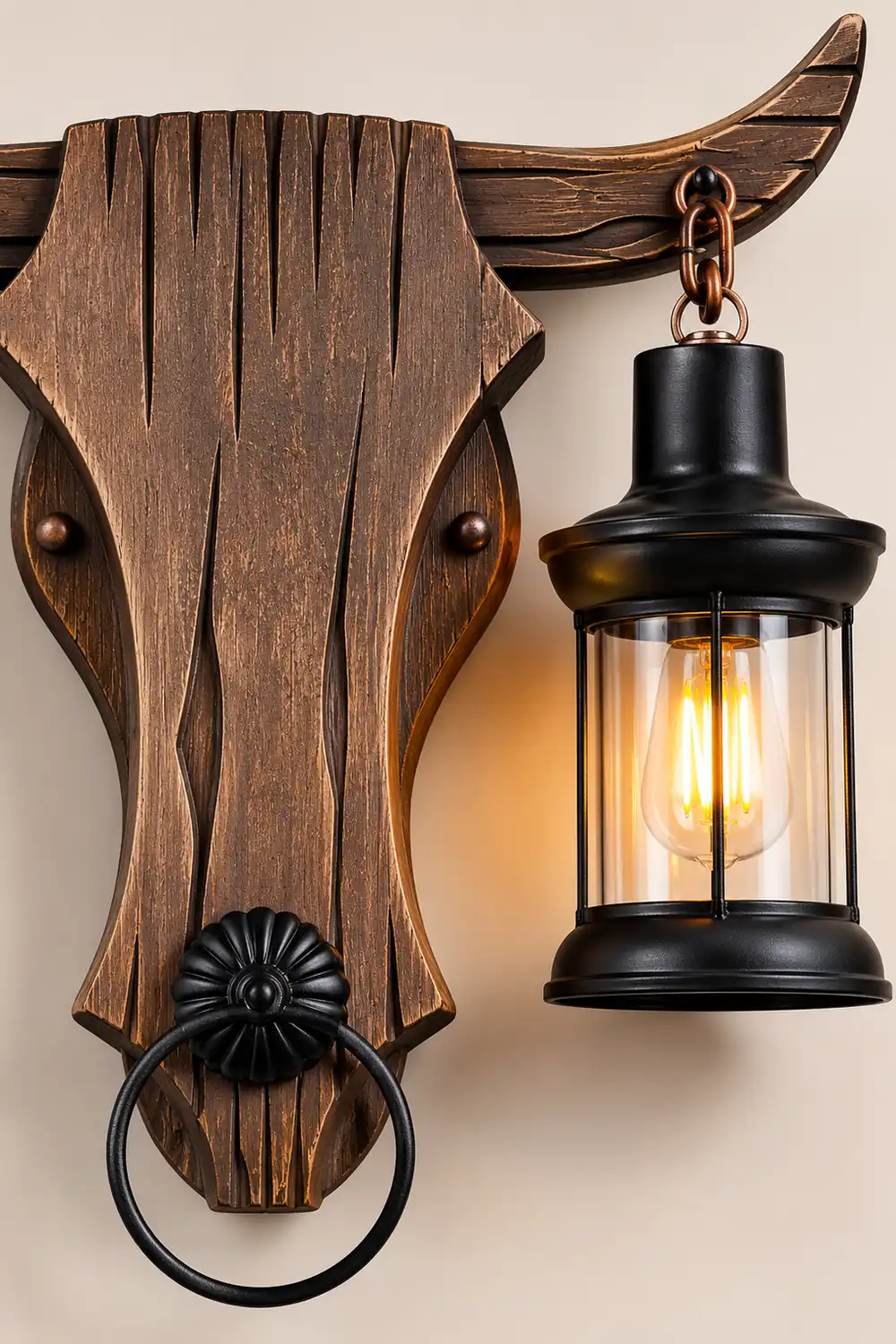 Austin Wall Lamp Bull Shape Vintage, 2 Heads Wood/Metal, Bedroom - Lumpaz