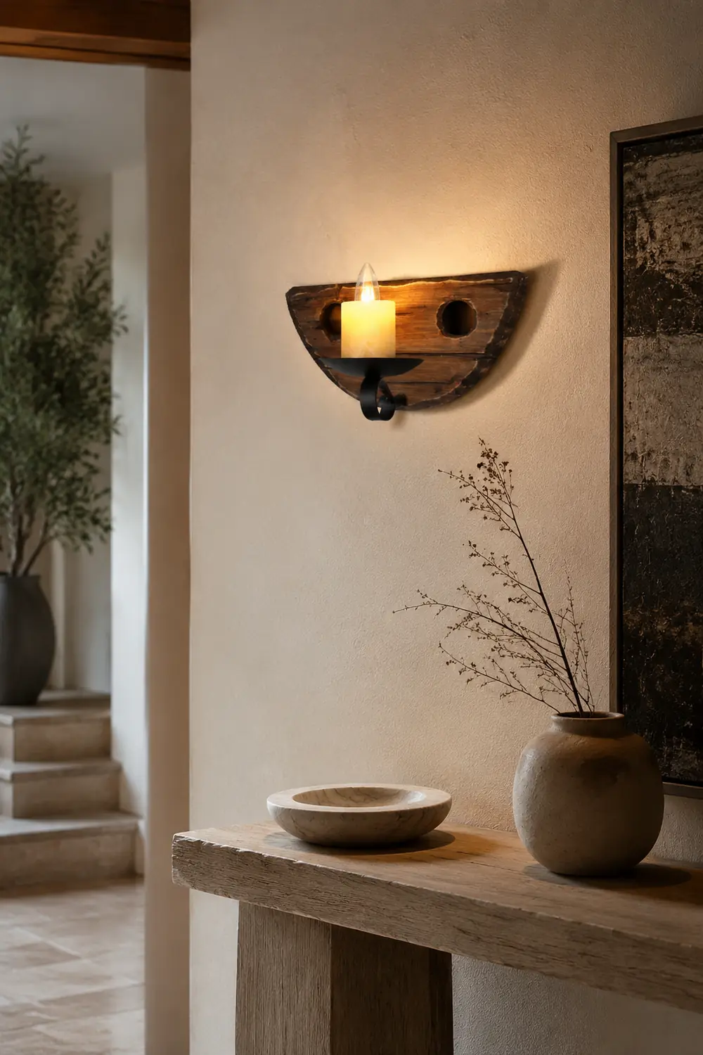 Austin Vintage Candle Semicircle Wall Lamp, Wood/Metal, Bedroom - Lumpaz