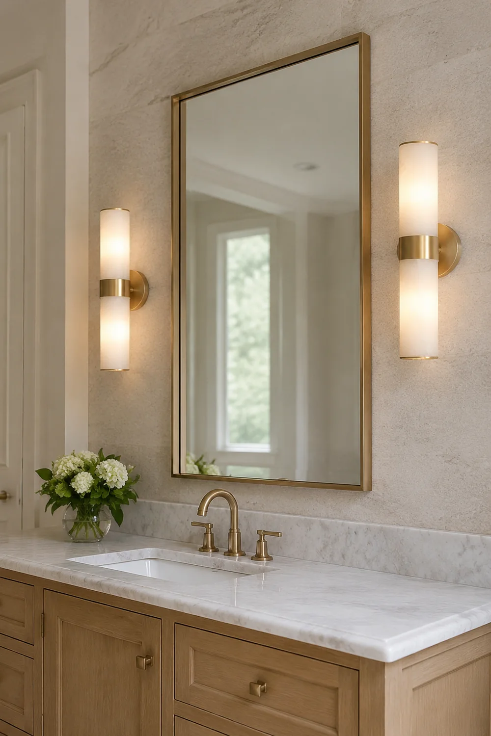 Chan Modern Double Headed Metal Stone Vanity Wall Lamp, Brass - Lumpaz