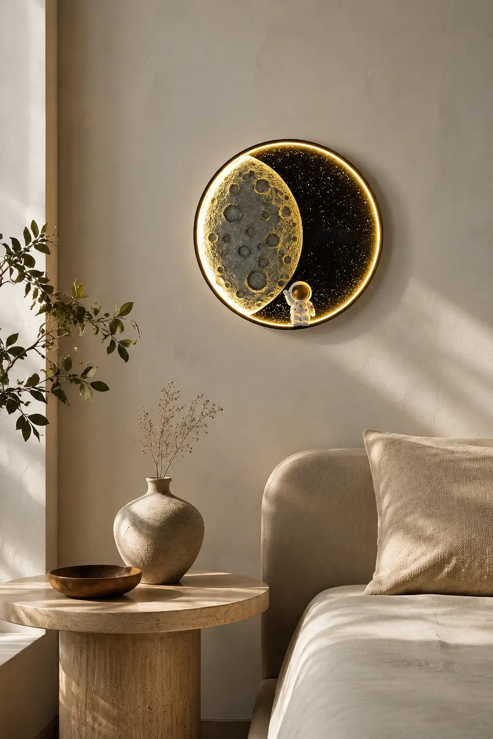Elif Astronaut Round Moon Black Wall Lamp, Metal - Lumpaz