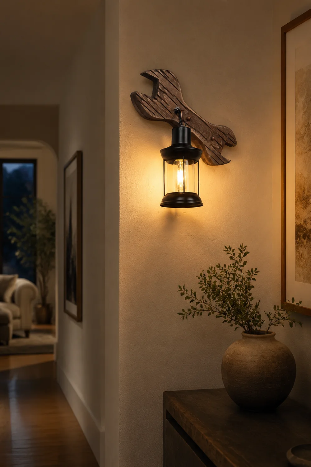 Austin Lantern & Spanners Wall Lamp, Wood/Metal, Bedroom - Lumpaz
