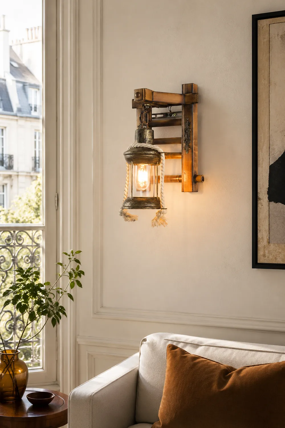Austin Vintage Lantern Shape Wood Metal Wall Lamp - Lumpaz