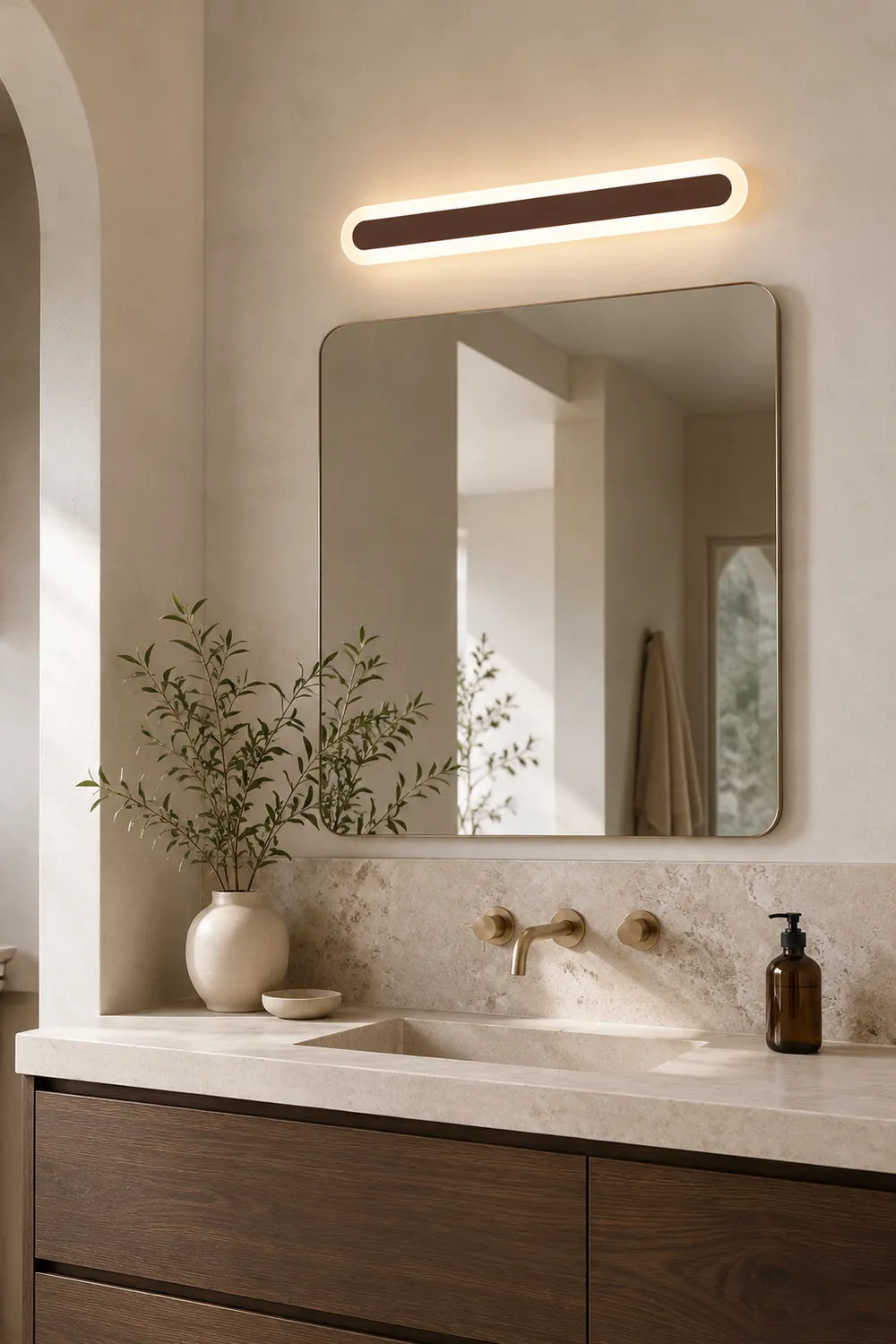 Edge Modern Linear Vanity Wall Lamp, White/Brown, Bathroom - Lumpaz