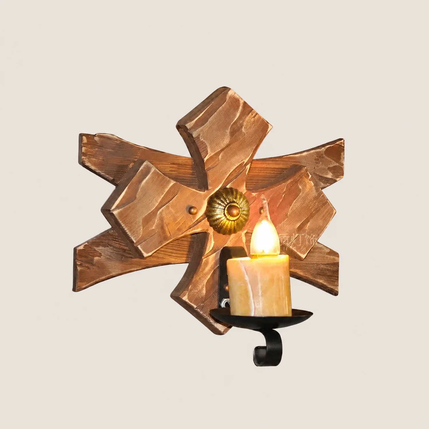 Austin Vintage Candle & Lantern LED Wall Lamp, Wood/Metal, Gold, Bedroom - Lumpaz