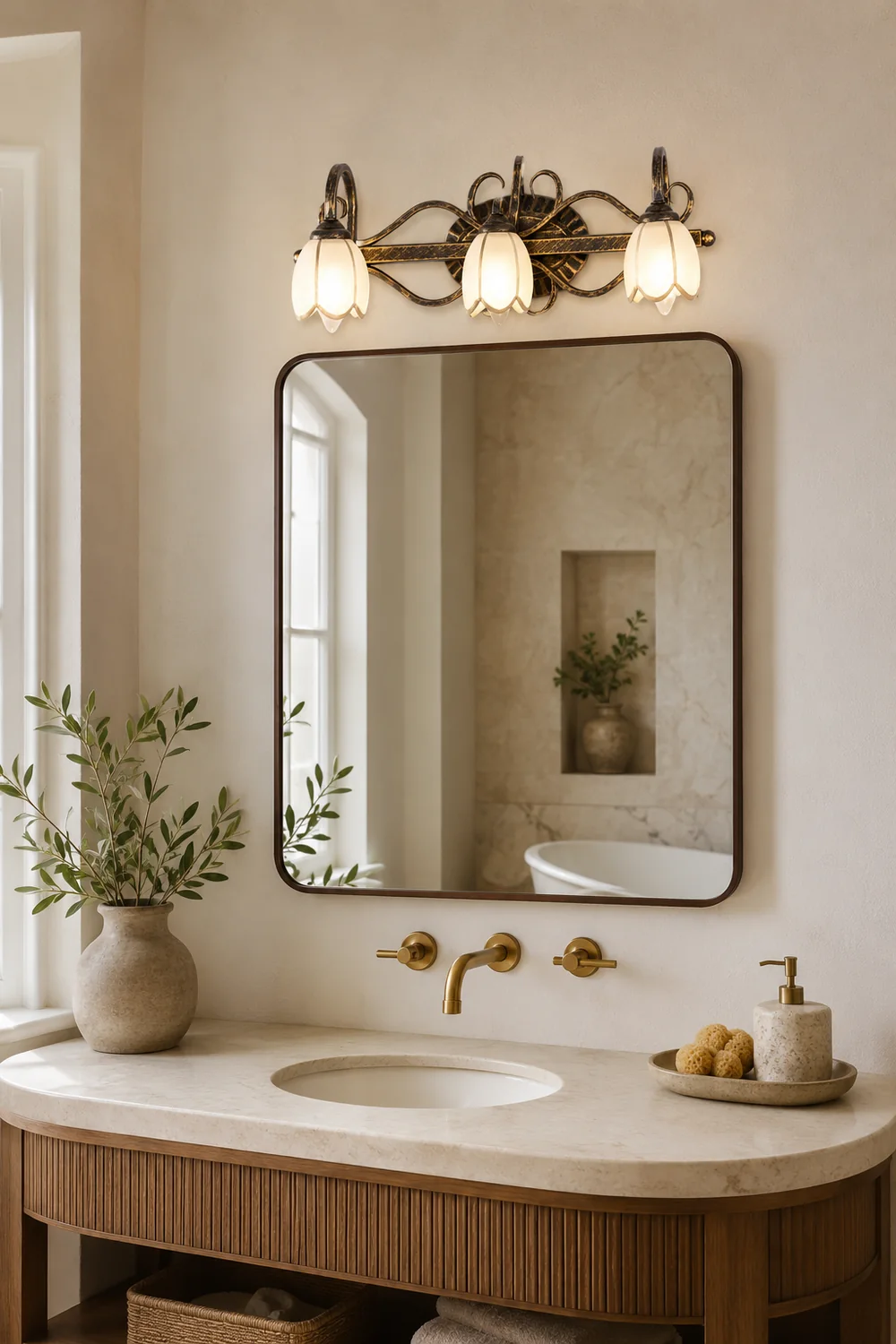 Félicie Antique Brass Flower Mirror Front Vanity Wall Lamp - Lumpaz