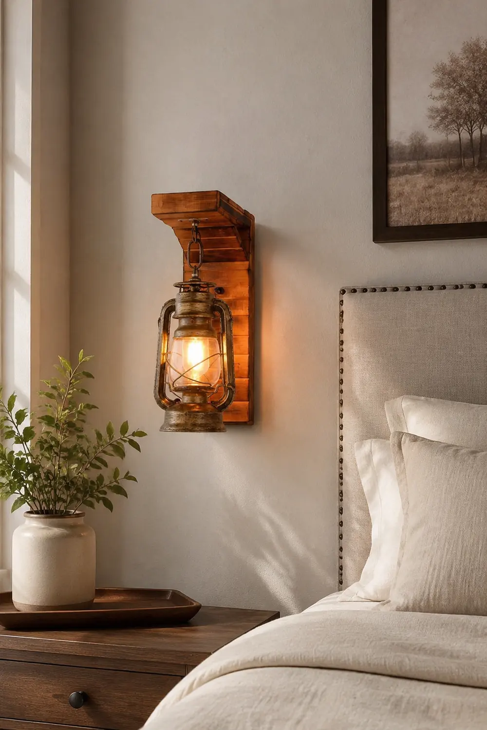 Austin Lantern Bedroom Wall Lamp, Metal/Wood, Restaurant - Lumpaz