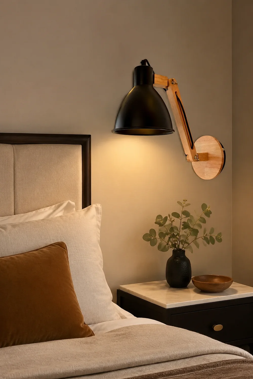 Brady Wall Lamp Dome Modern, Adjustable Metal Wood, Black/White, Bedroom - Lumpaz