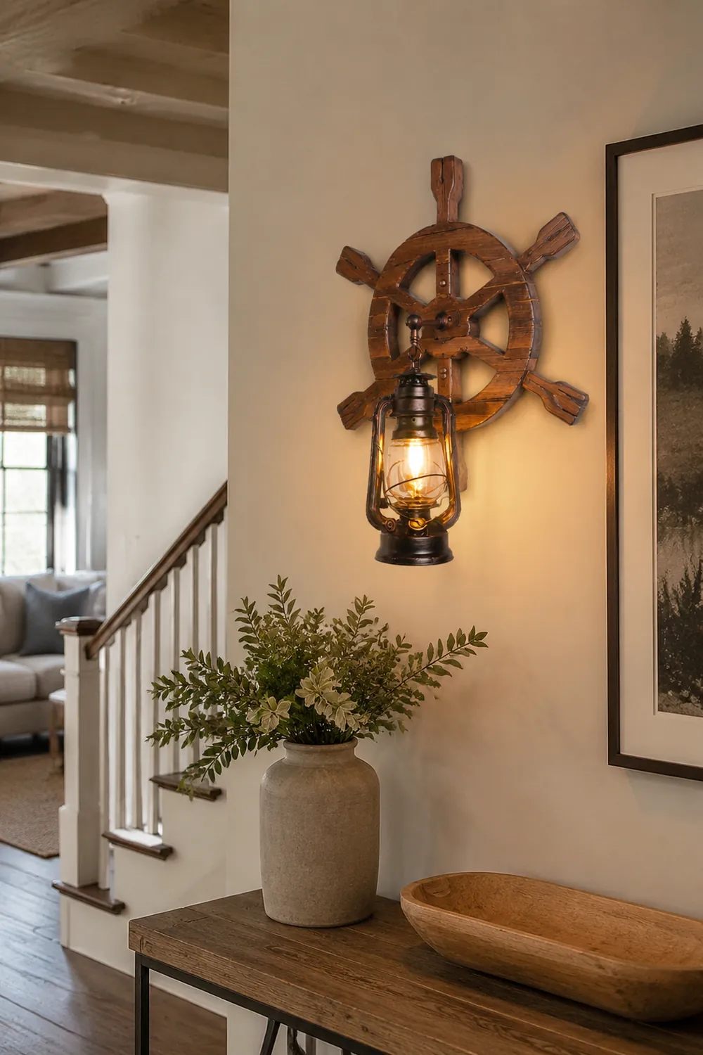 Austin Wall Lamp Retro Rudder Lantern Brown Wooden, Bedroom - Lumpaz