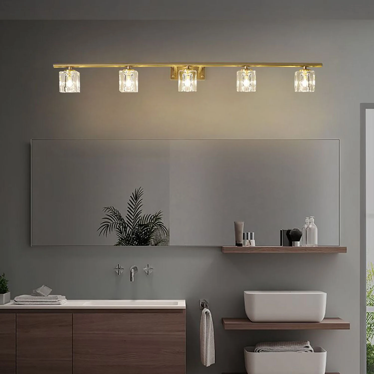Kristy Wall Lamp Modern Mirror Front Vanity, Metal/Crystal, Gold, Bathroom - Lumpaz