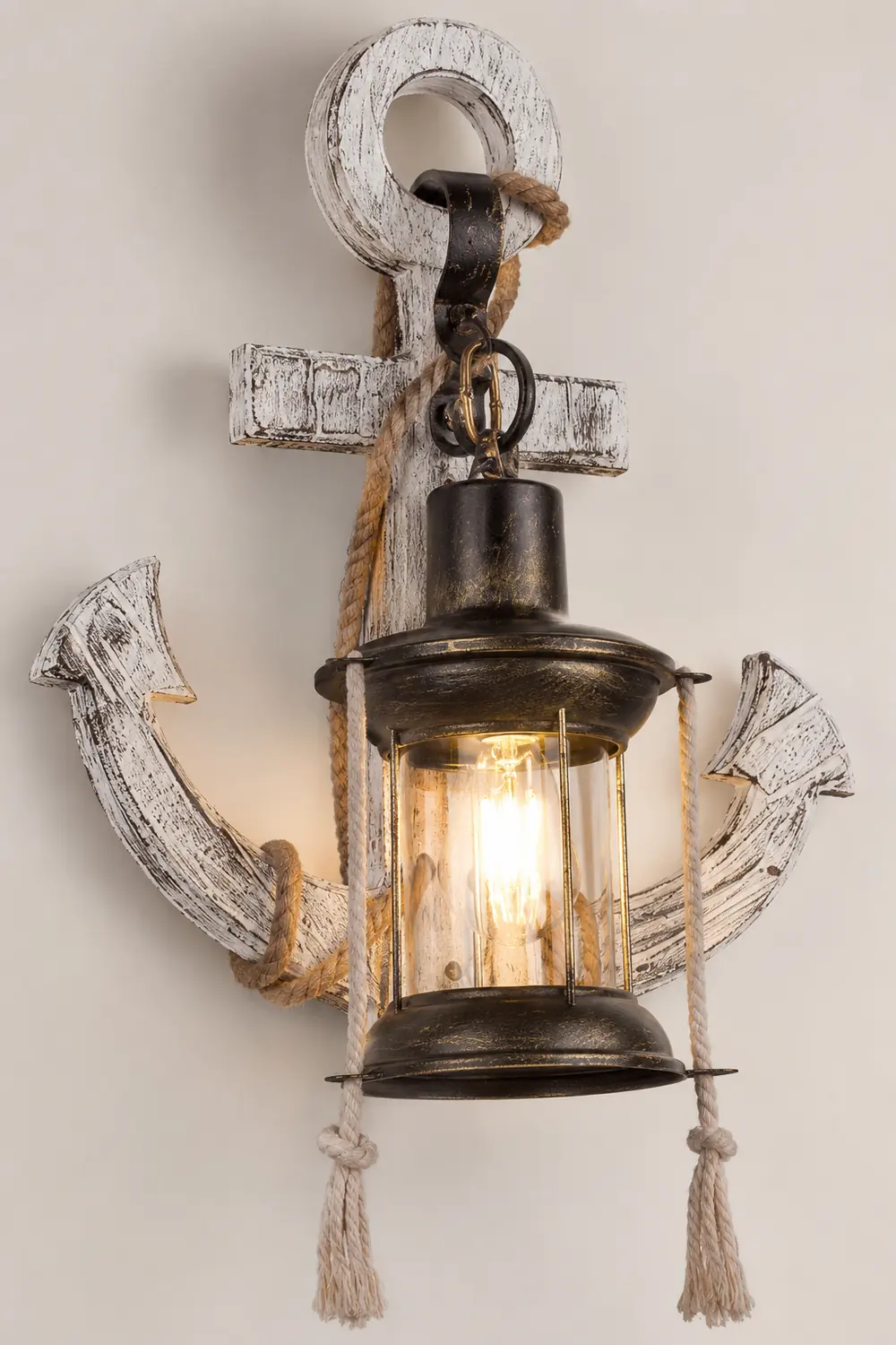 Austin Anchor Lantern Wall Lamp, Vintage/Antique, Wood, Bedroom - Lumpaz