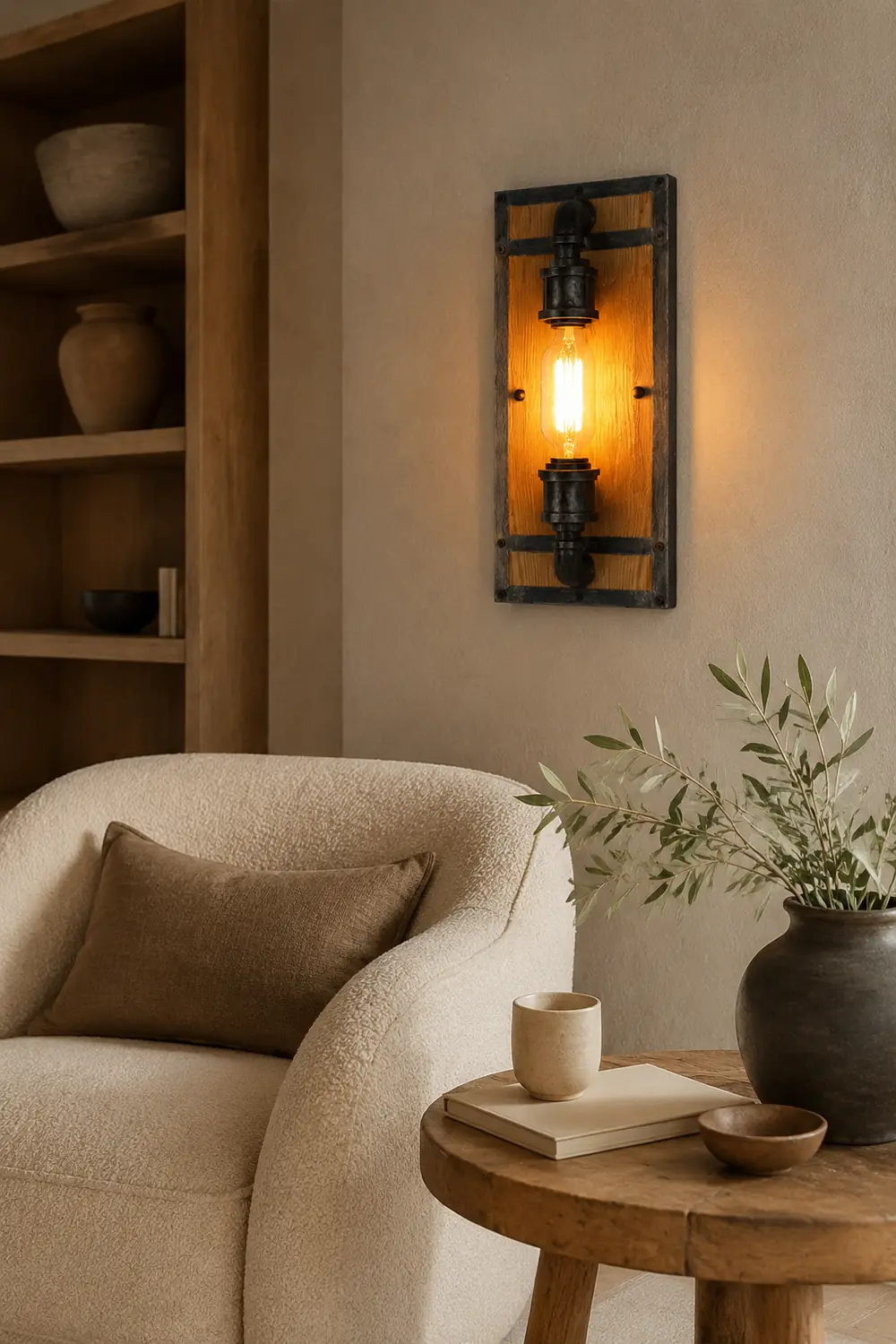 Alessio Wall Lamp Industrial Vintage Square Wooden Black Metal - Lumpaz
