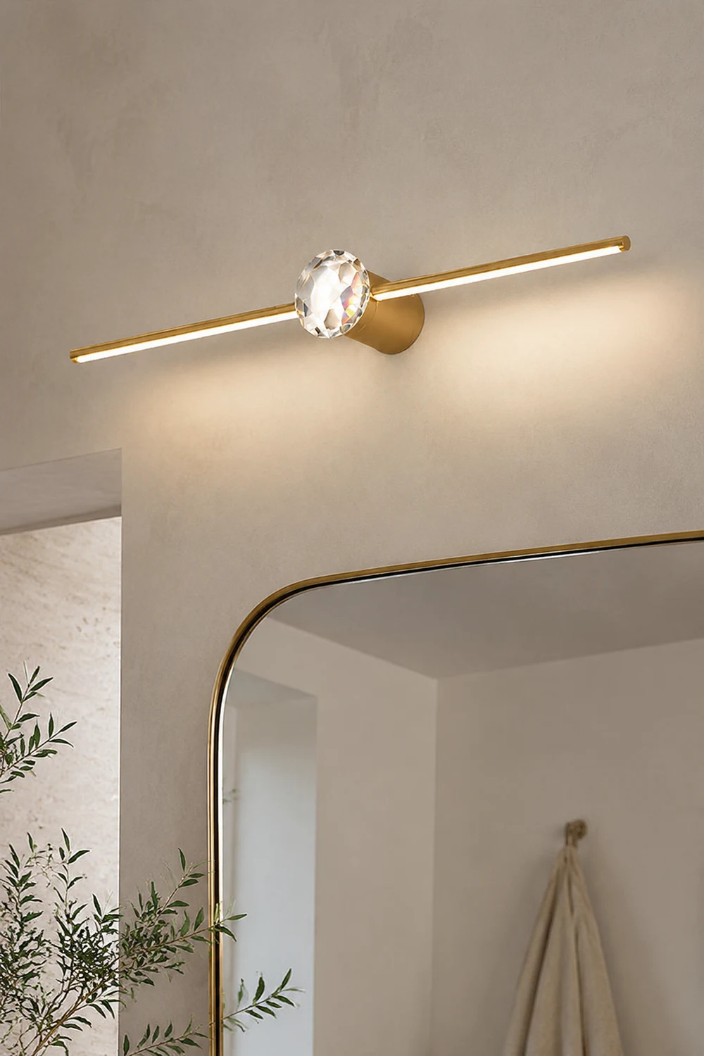 Kristy Minimalist Linear Metal/Crystal Mirror Front Vanity Wall Lamp, Gold - Lumpaz