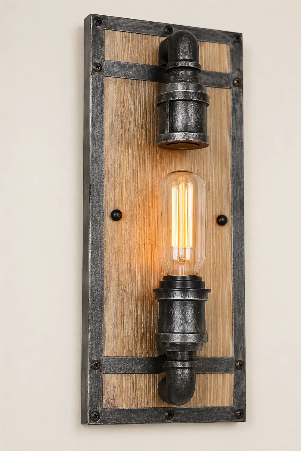 Alessio Wall Lamp Industrial Vintage Square Wooden Black Metal - Lumpaz