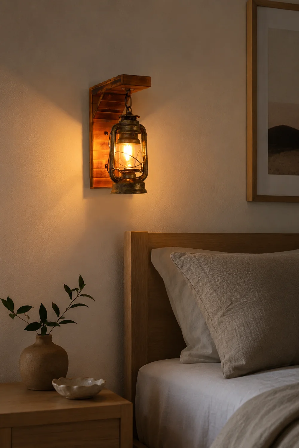 Austin Lantern Bedroom Wall Lamp, Metal/Wood, Restaurant - Lumpaz