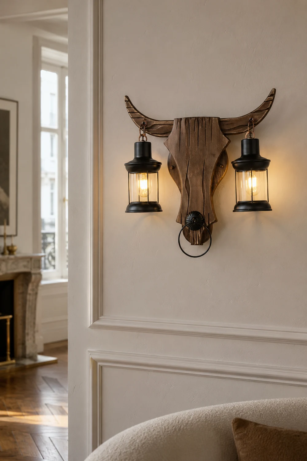 Austin Wall Lamp Bull Shape Vintage, 2 Heads Wood/Metal, Bedroom - Lumpaz