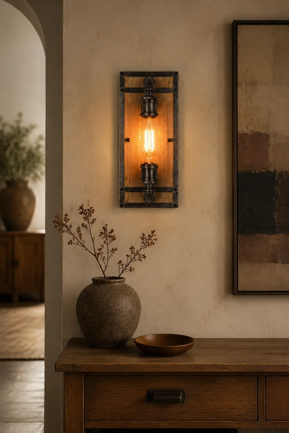 Alessio Wall Lamp Industrial Vintage Square Wooden Black Metal - Lumpaz