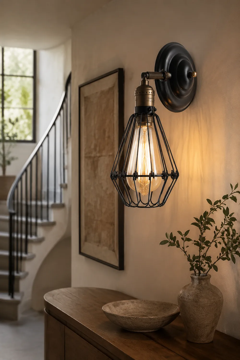 Alessio Industrial Lantern Shaped Metal Wall Lamp, Black/Rust - Lumpaz
