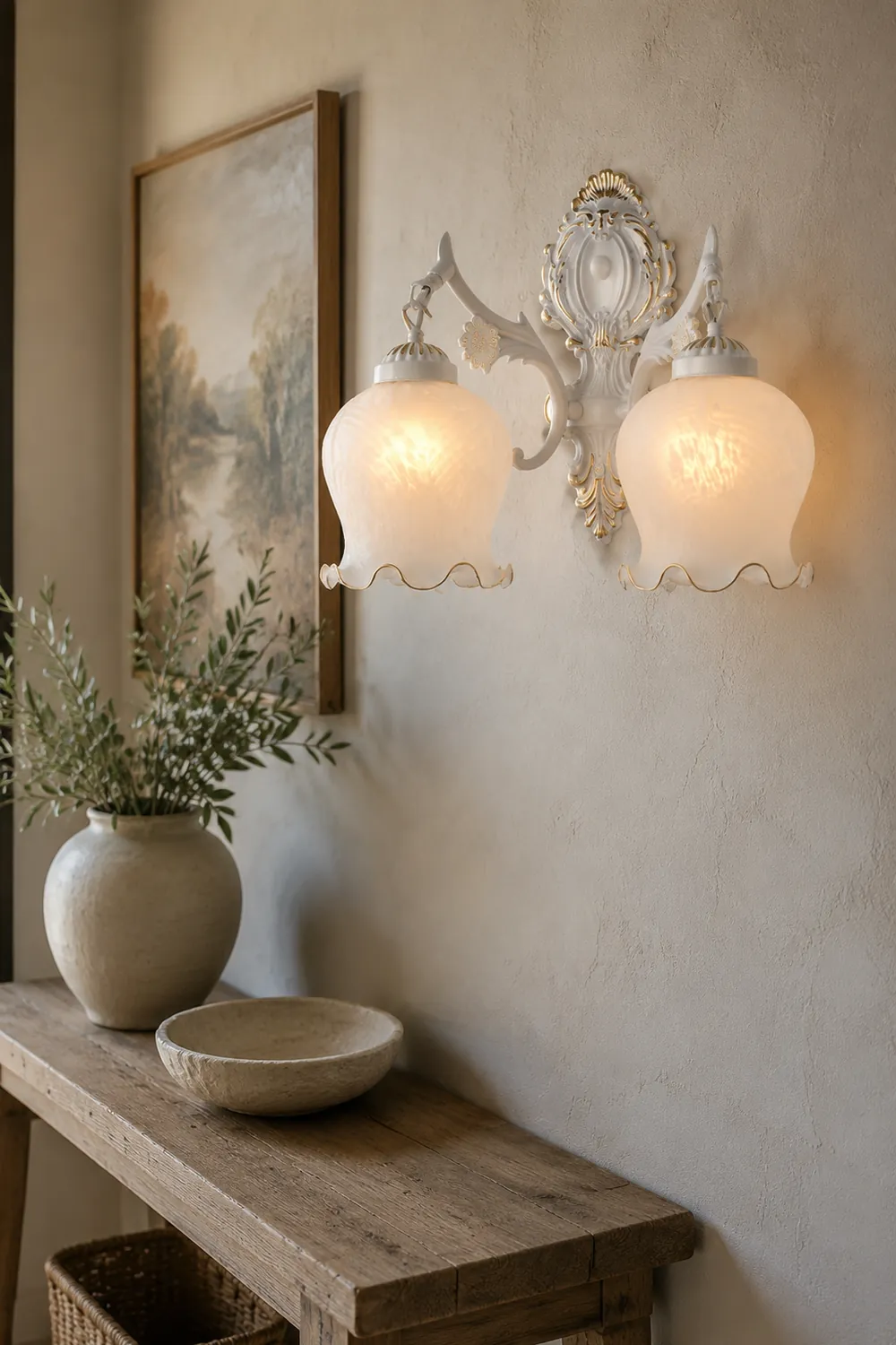 Félicie Vintage Flower shape Metal&Glass Modern Wall Lamp, White/Bronze - Lumpaz