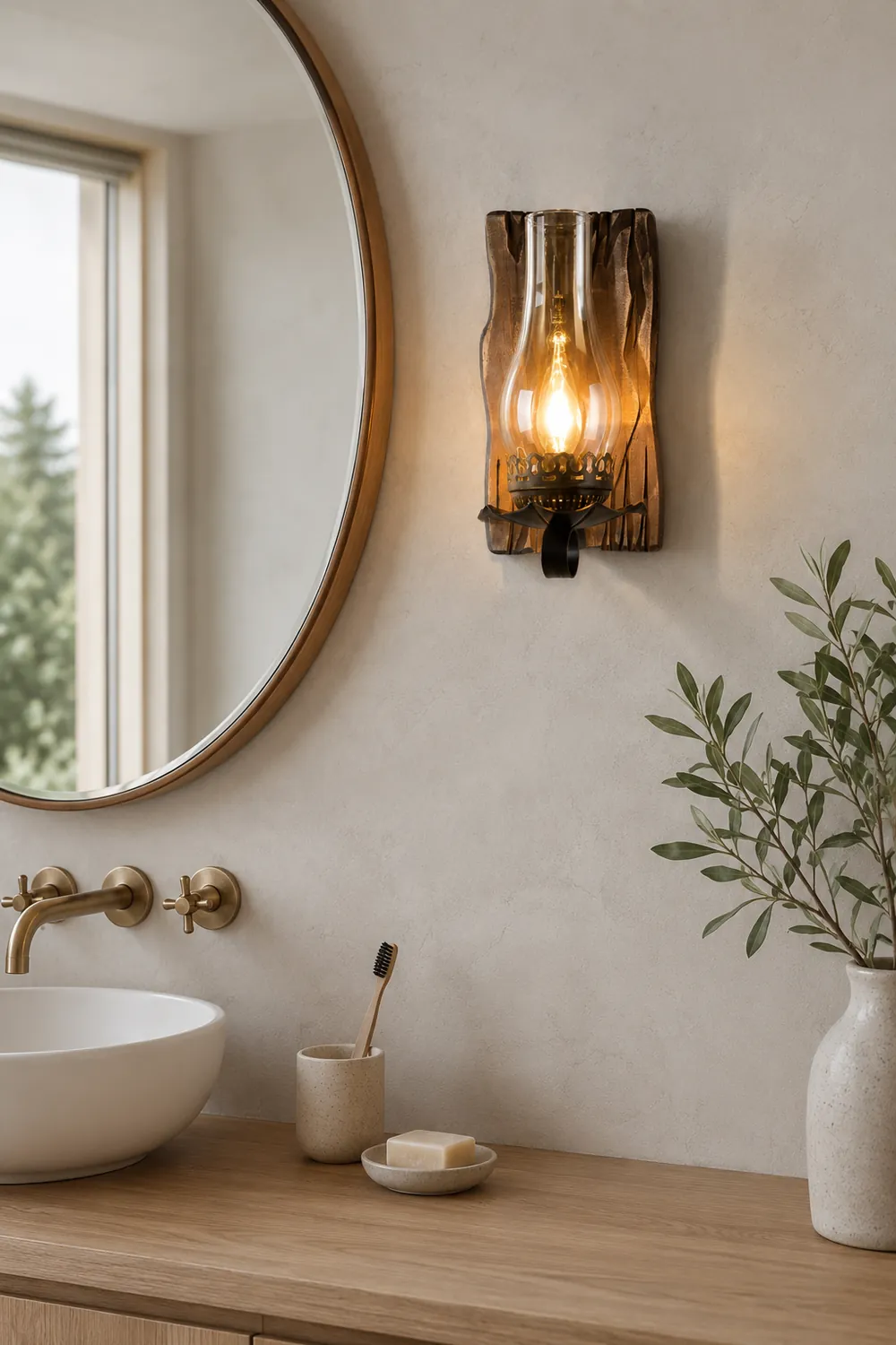 Austin Wall Lamp Vintage Candle Wooden Glass, Bedroom - Lumpaz