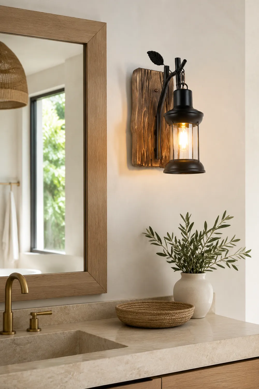 Austin Vintage Branches Lantern Wall Lamp, Metal/Wood, Black, Dining Room - Lumpaz