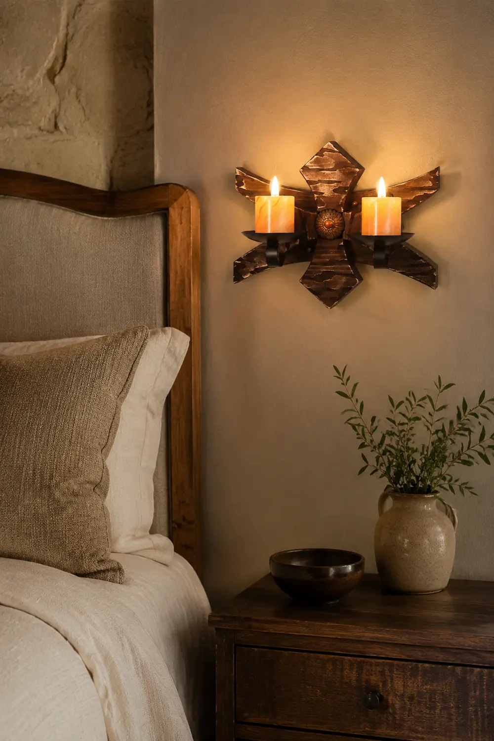 Austin Wall Lamp Decorative Vintage Candle Double Light Wooden, Bedroom - Lumpaz