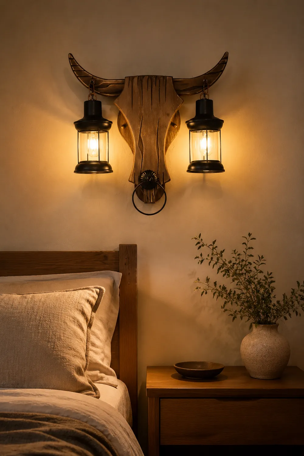 Austin Wall Lamp Bull Shape Vintage, 2 Heads Wood/Metal, Bedroom - Lumpaz